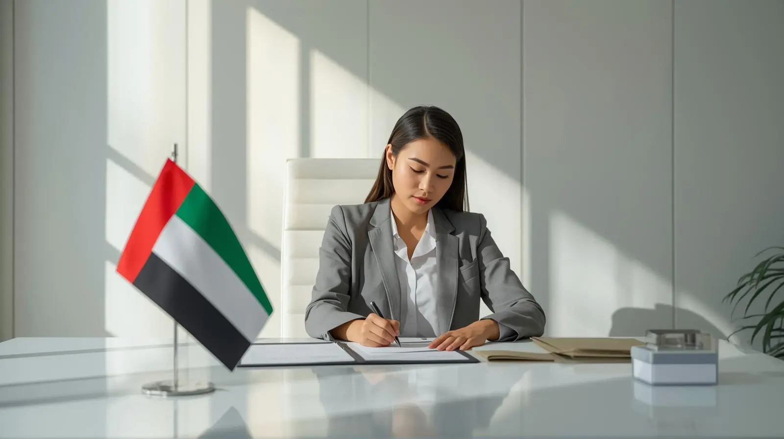 Entrepreneur reviewing trade license documents in Dubai office