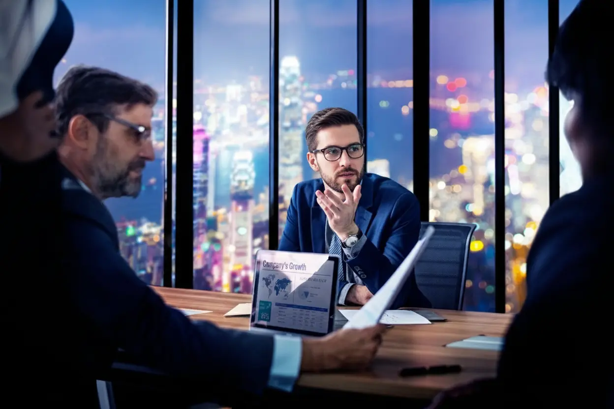 Business management consultant advising a growing company team