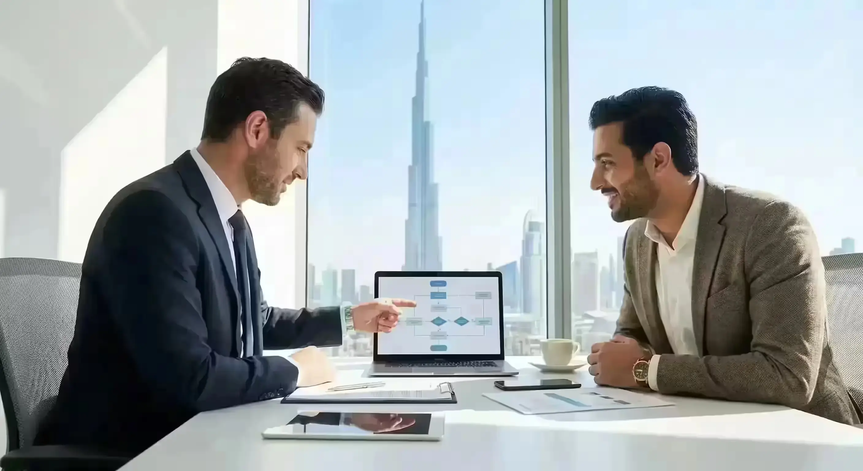 Business consultant guiding entrepreneur through Dubai licensing