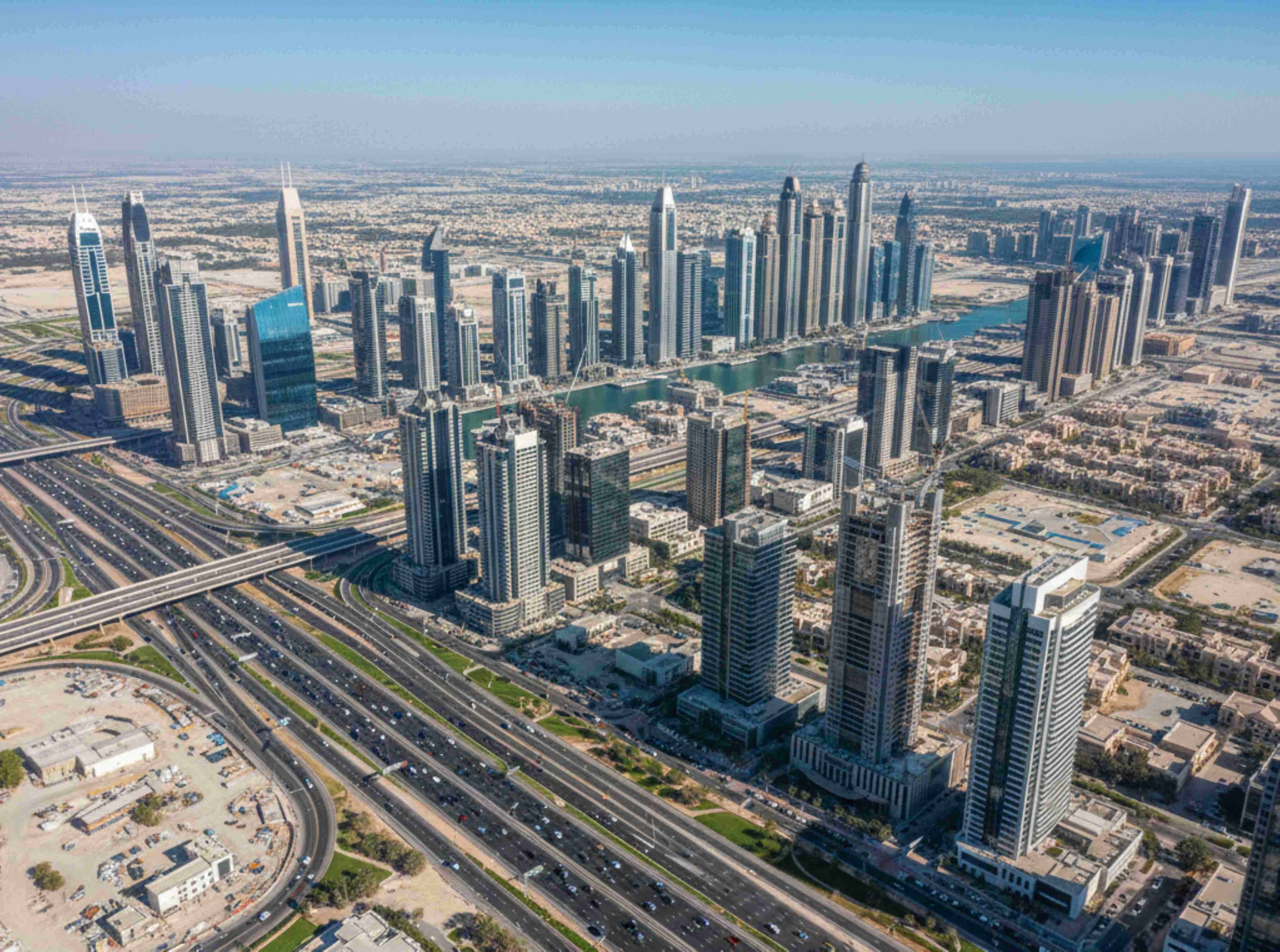 Aerial view of Dubai Creek Harbour waterfront with modern skyline