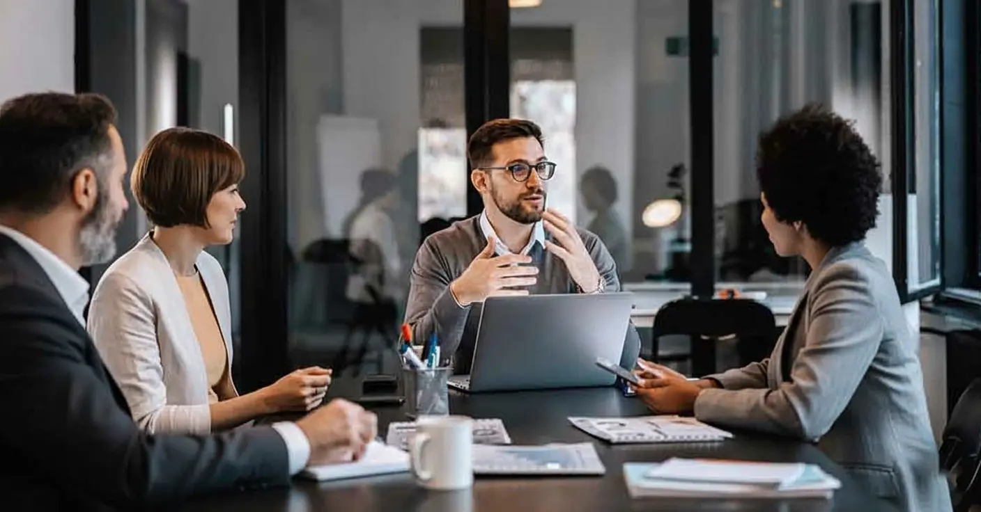 Business team discussing compliance consulting strategies in Dubai