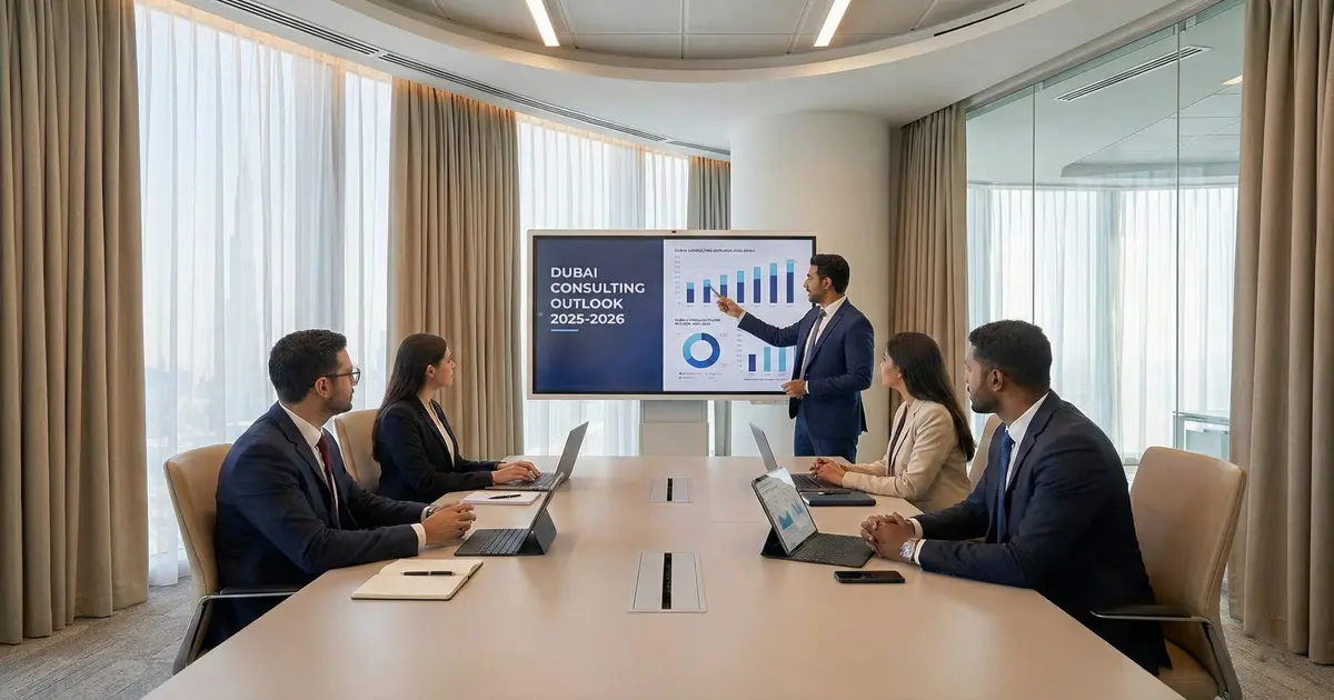 Business consultants in Dubai discussing 2025–2026